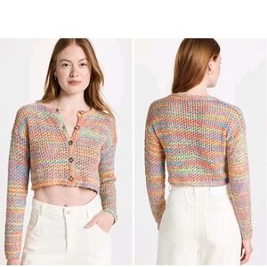 Something Navy Pastel Multicolor‎ Cropped Cardigan Pride Rainbow Size S NWT